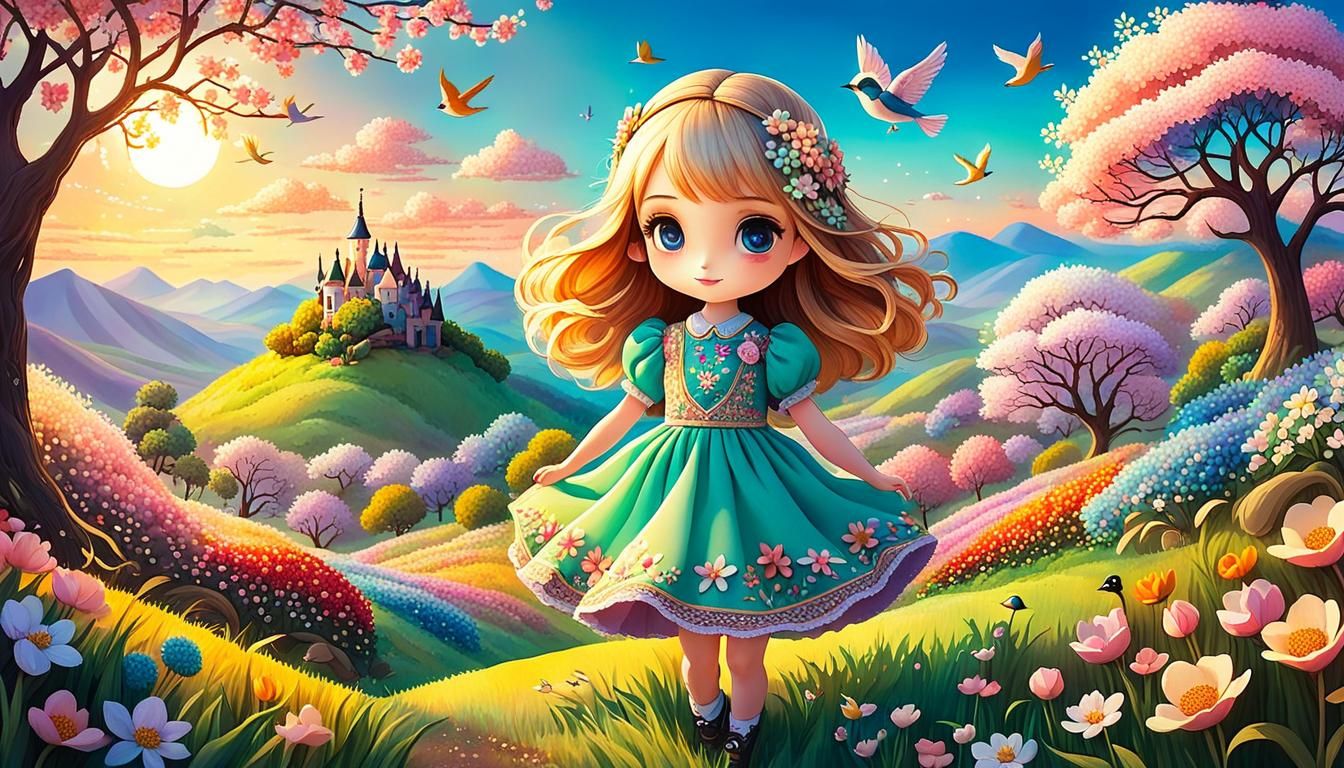 Chibi Girl in Floral Fantasy Landscape