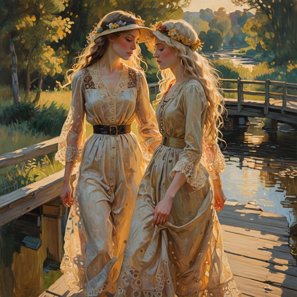 Women on Bridge in Klimt-Inspired Impressionism