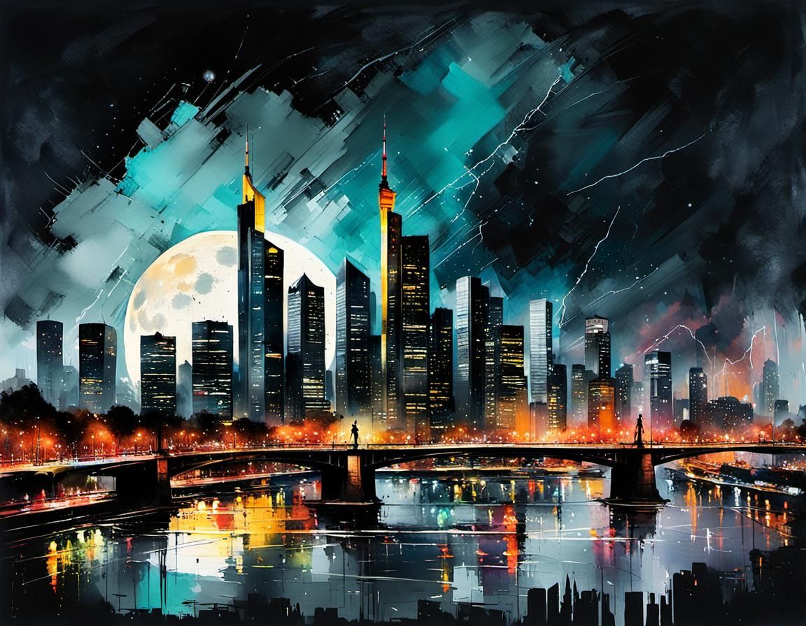 Frankfurt Nightscape in Watercolor Storm