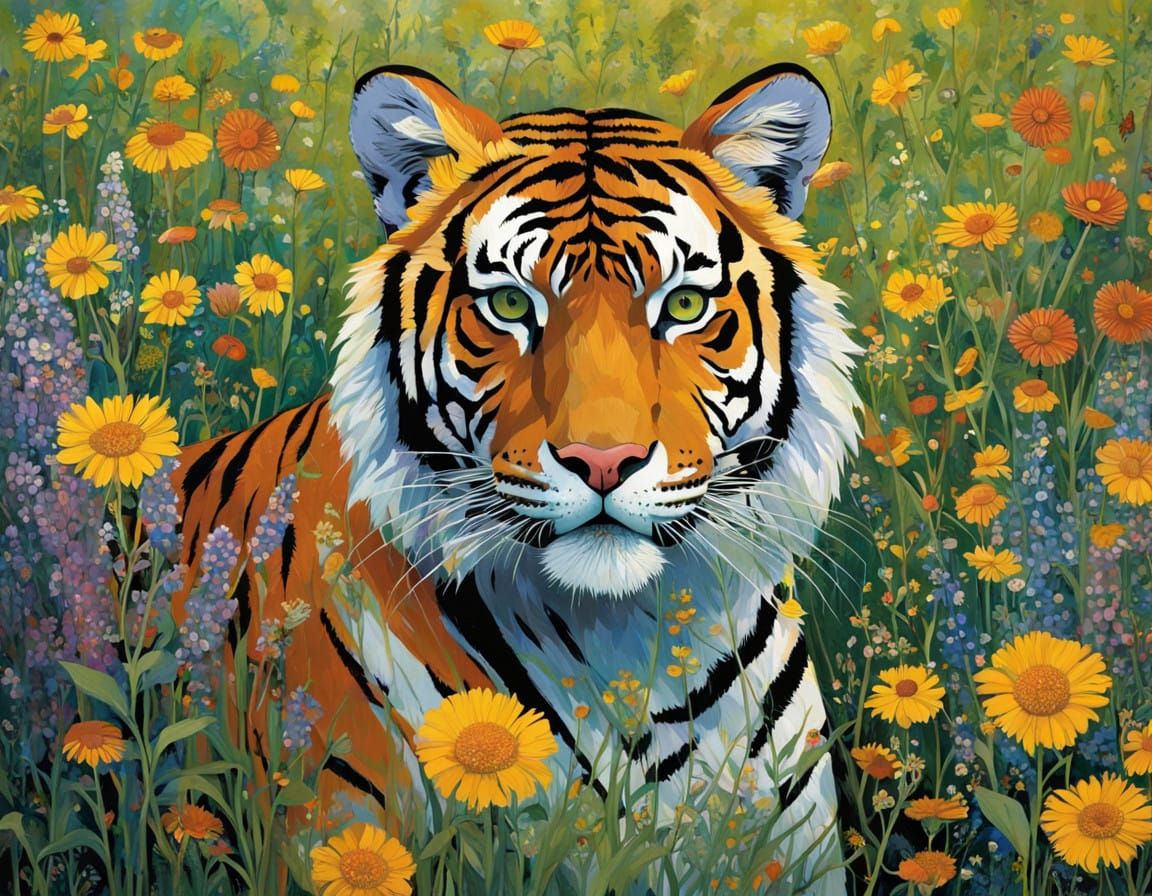 Tiger Amidst Vibrant Wildflowers in Artistic Realism