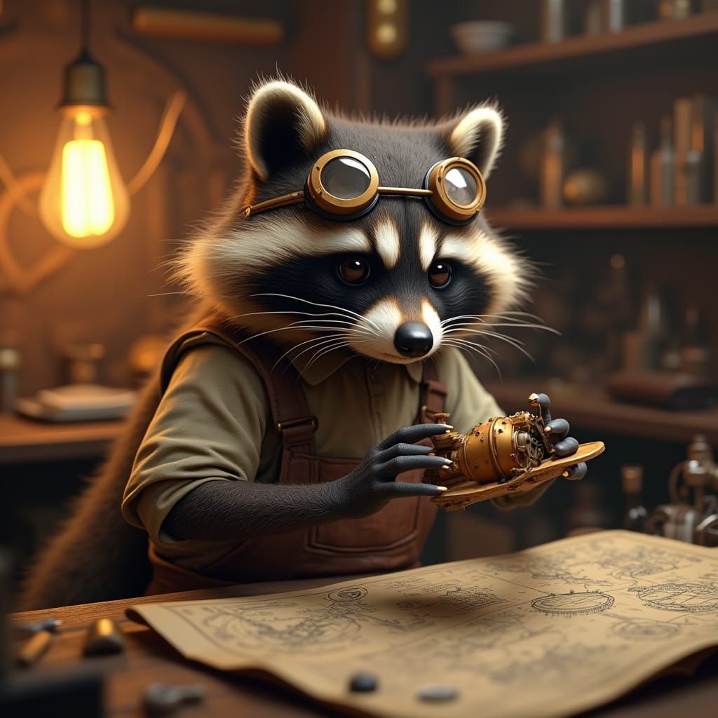 Raccoon Inventor Assembling Flying Machine in Steampunk Work...
