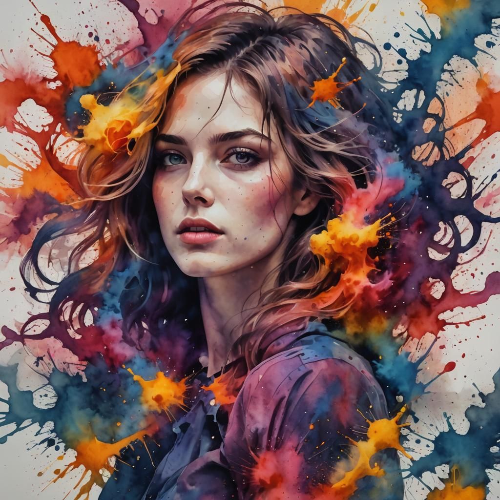 Woman in Watercolor Explosion: Fantasy Concept Art