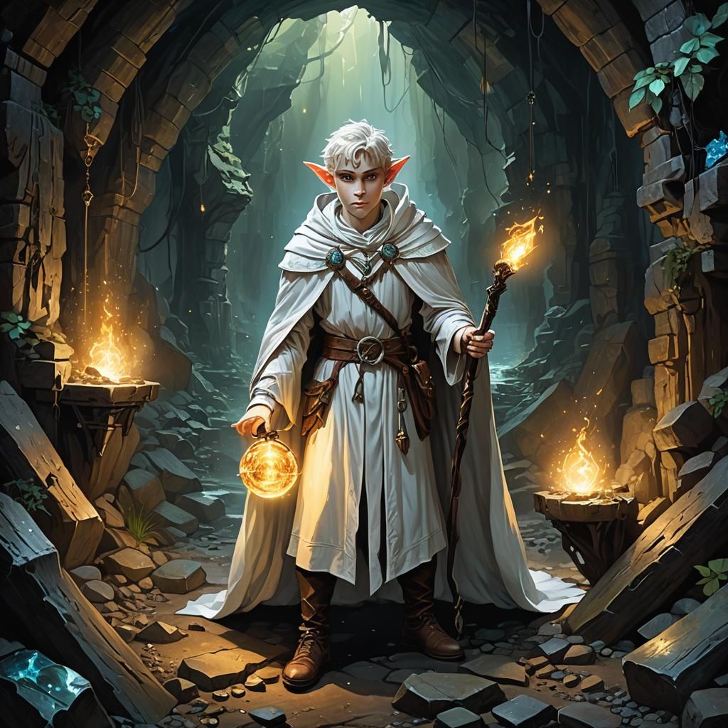 Elf Sorcerer in Abandoned Mine with Magic Artifacts