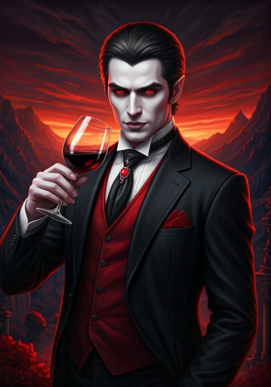 Elegant Vampire Portrait with Red Wine