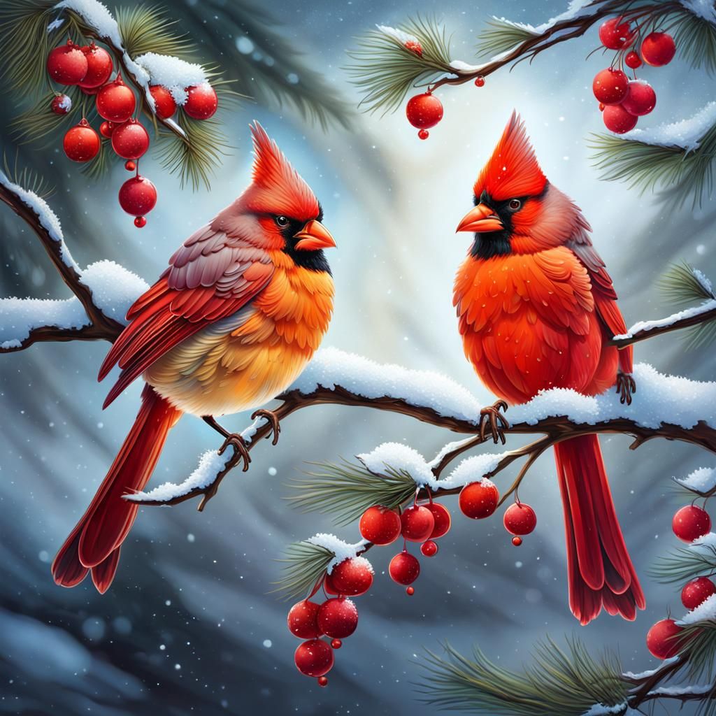 Cardinals in Winter Landscape Oil Painting