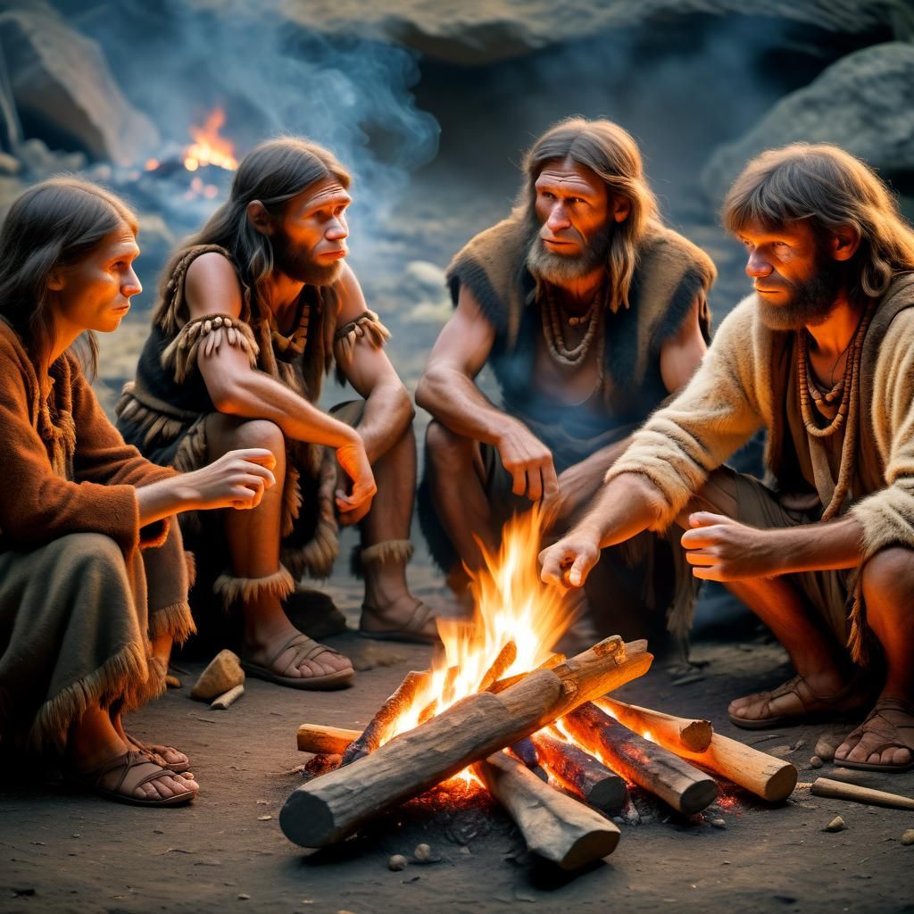 Prehistoric Neanderthal Tribe Gathered by Fire