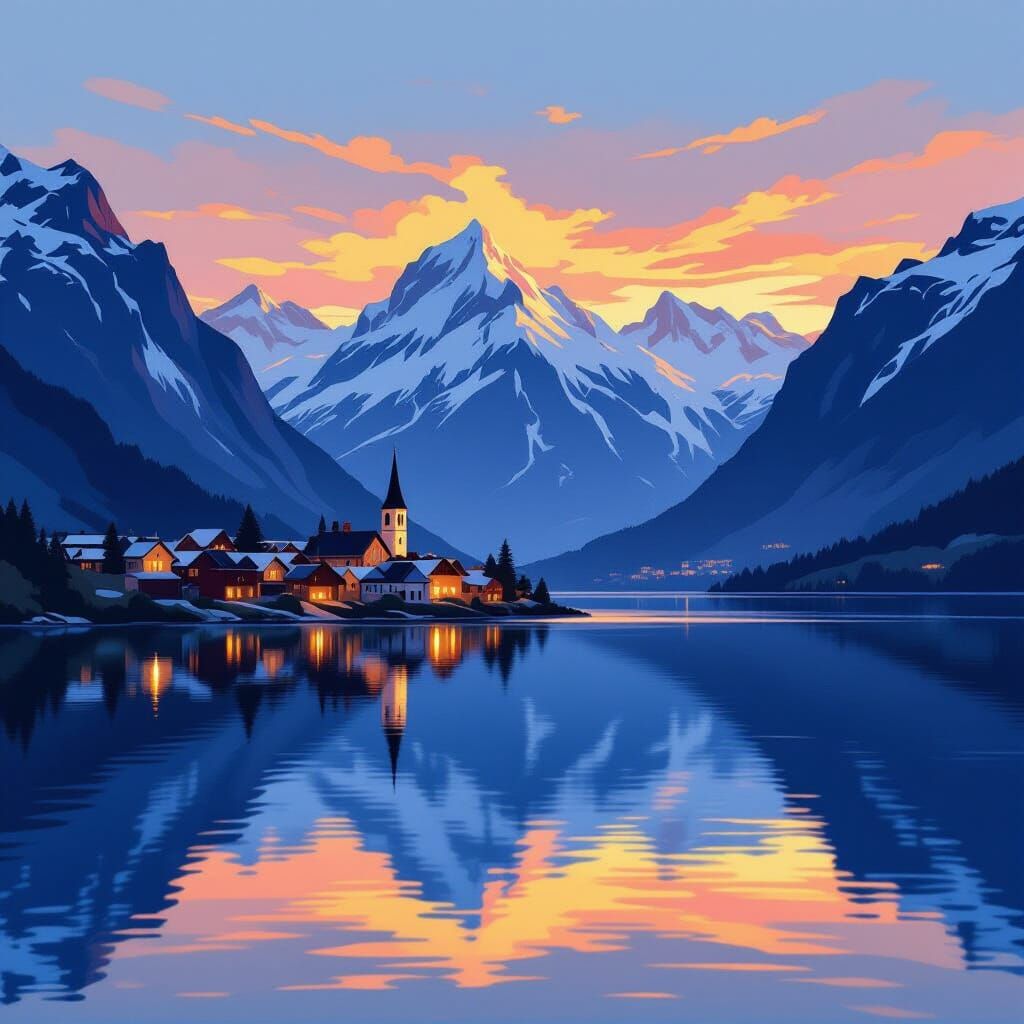 Mountain Village at Dusk: Landslide in Digital Art Deco Styl...