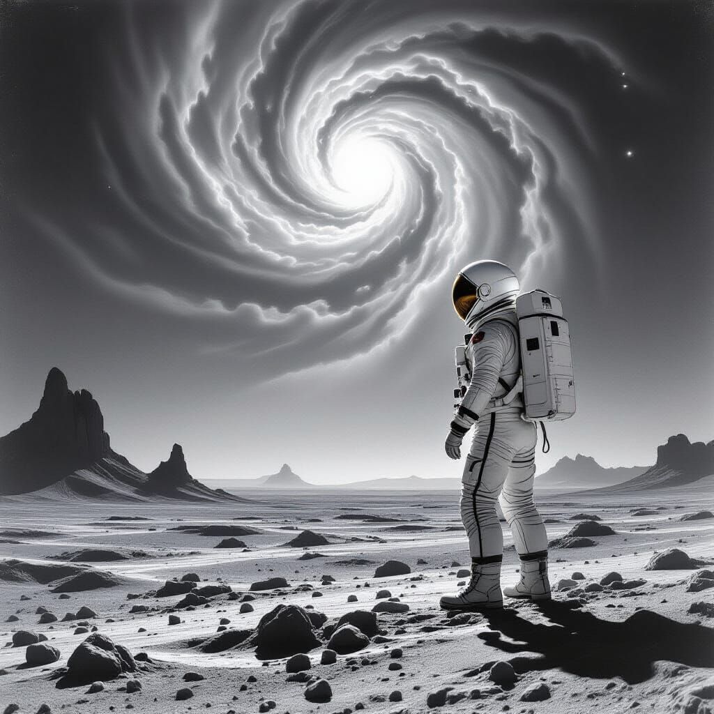 Lone Astronaut on Barren Planet in Cosmic Horror Style