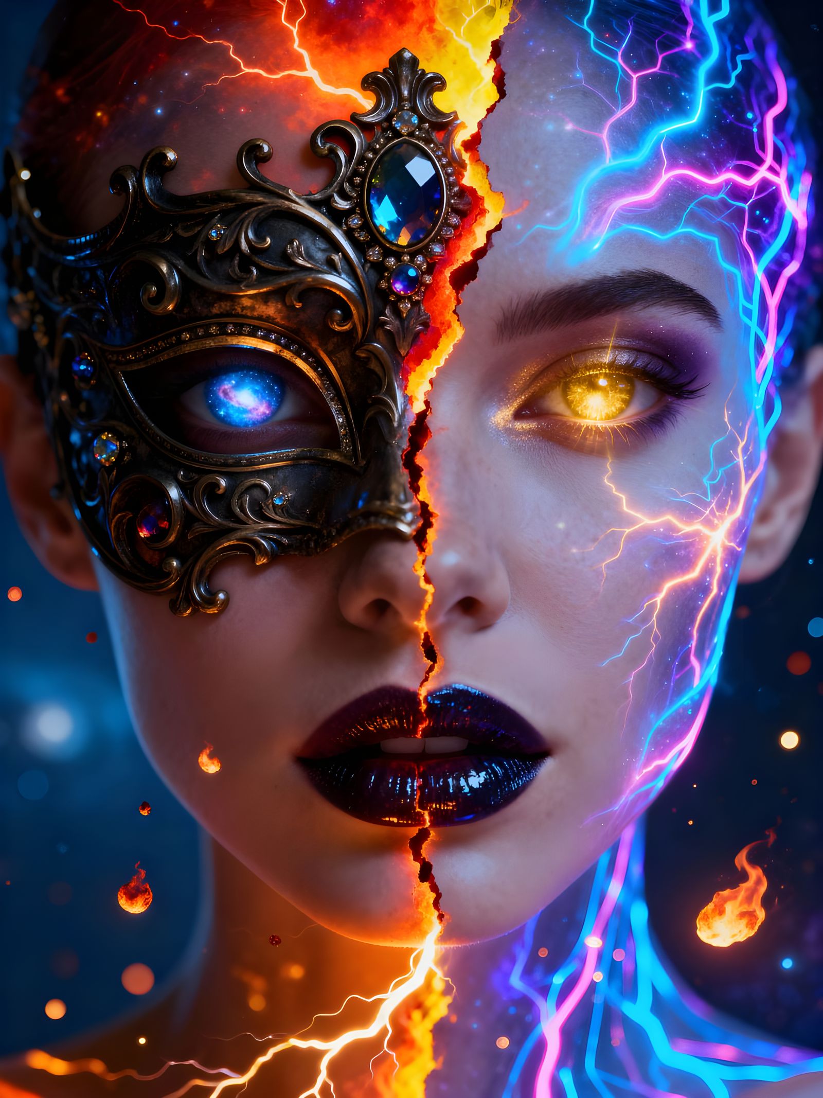 Surreal Duality Portrait: Cosmic Energy Meets Dark Elegance