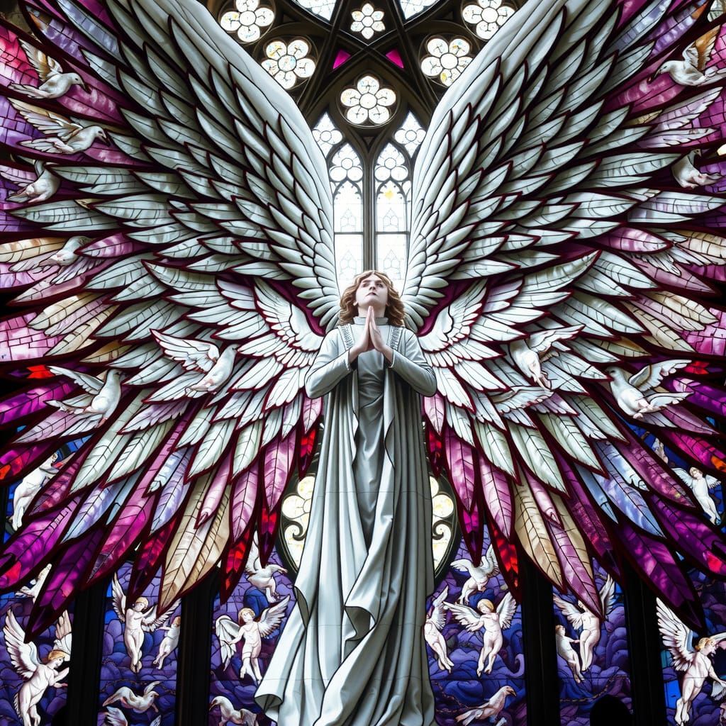 Angel in Stained Glass with Winged Landscapes