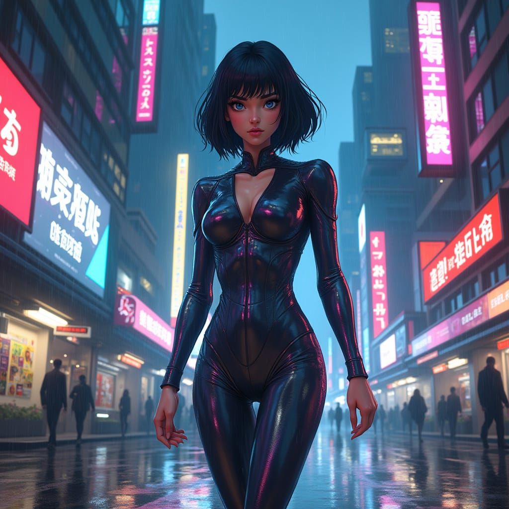Cyberpunk Goddess Walks Neon City Streets in High-Tech Jumps...