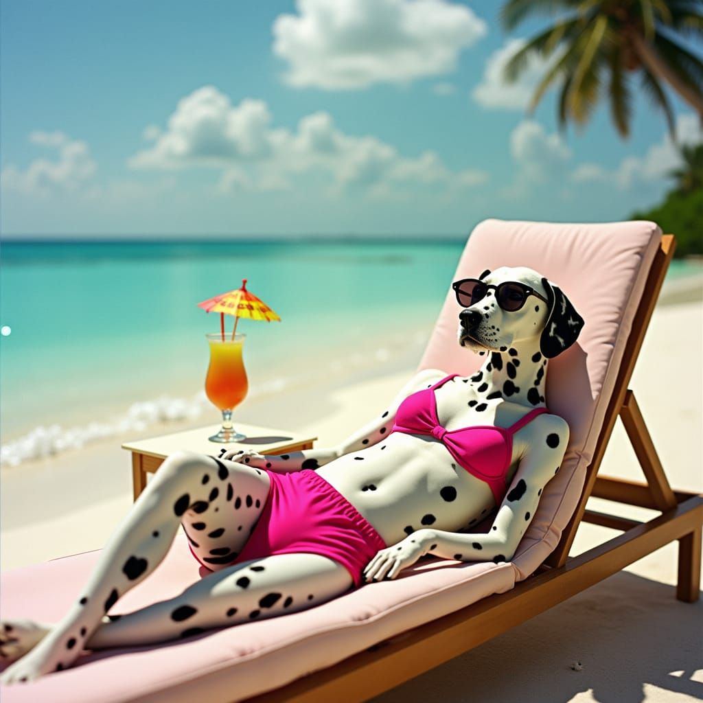 Dalmatian Sunbathing on Beach as Cinematic Film Still