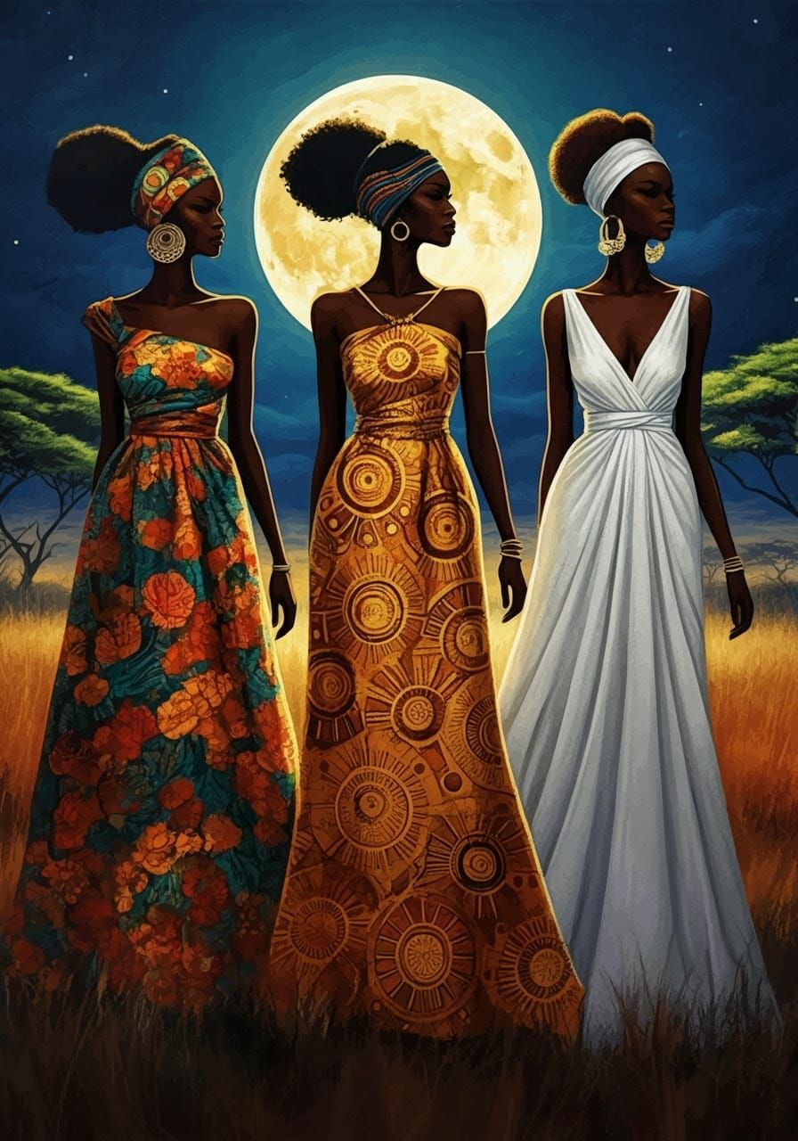Elegant American Women Stroll Under the African Savanna Moon