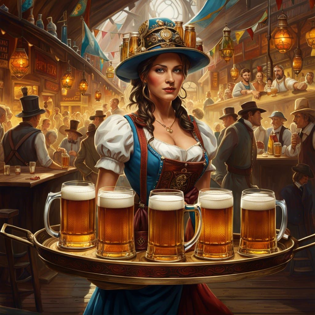Oktoberfest Waitress with Beer Steins, Fantasycore Art