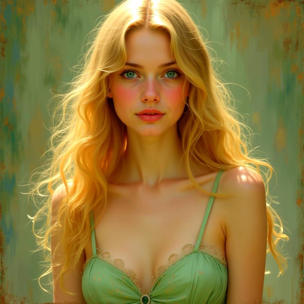 Blonde Woman in Green Dress Portrait