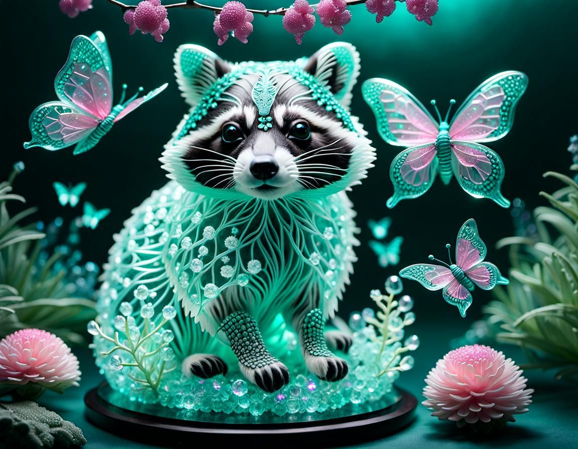 Crystal Raccoon Sculpture with Bioluminescent Butterflies