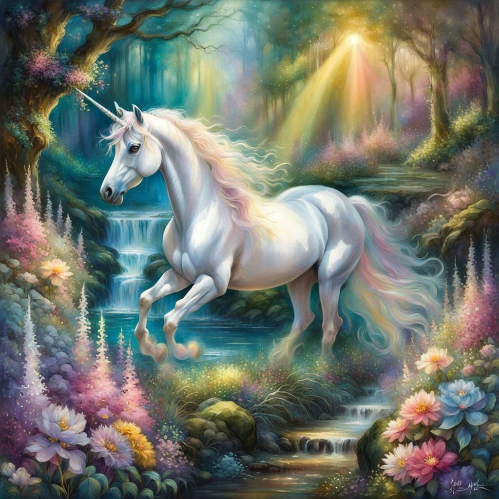 Mystical Unicorn in Floral Glen, Aquarelle Style