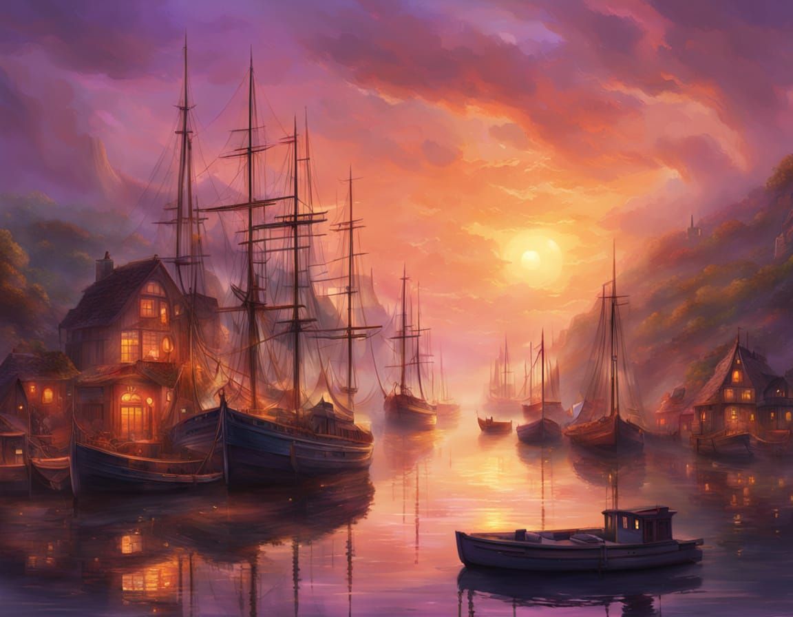 Enchanting Port at Sunset in Ethereal Fantasy Style