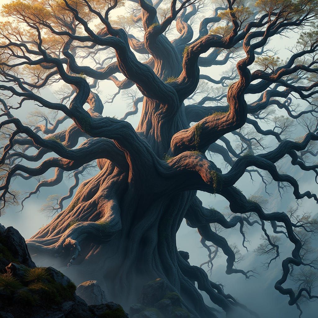 Ancient Tree Sentinel Over Serene Valley Dreamscape