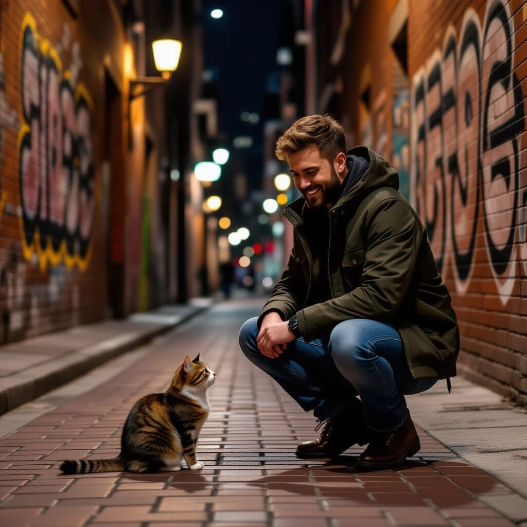 Man Interacts with Cat in Alleyway