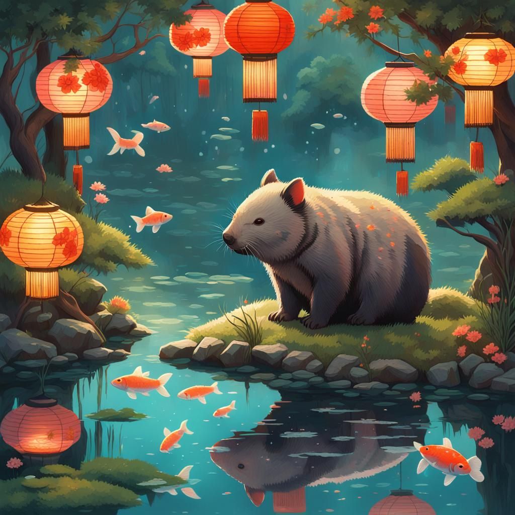 Wombat's Tranquil Sushi Moment in Japanese Garden
