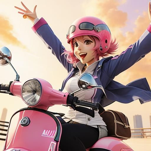 Pink-Haired Anime Girl on Vespa in Colored Pencil Style