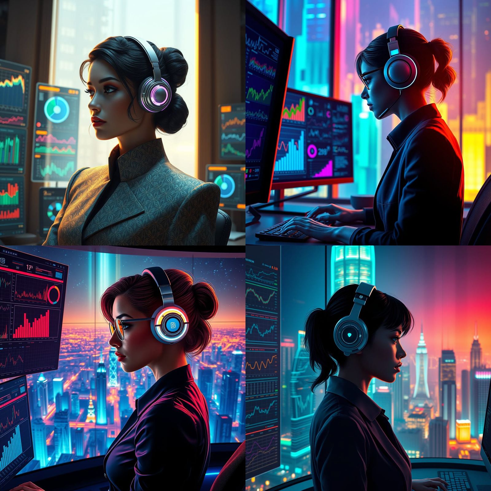 Futuristic Secretary Analyzing Charts in Detailed Matte Pain...