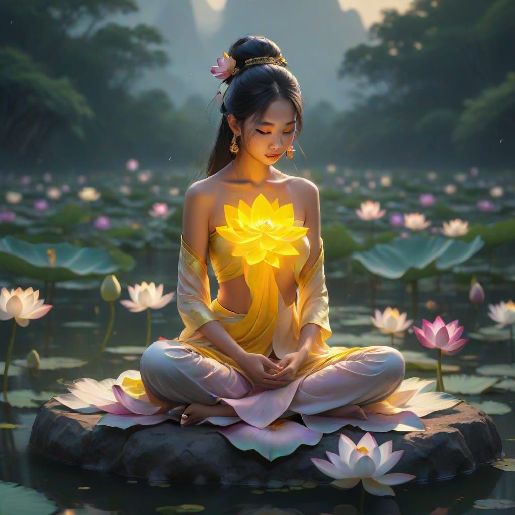 Serene Vietnamese Maiden Amidst Blooming Lotus Flowers in Tr...