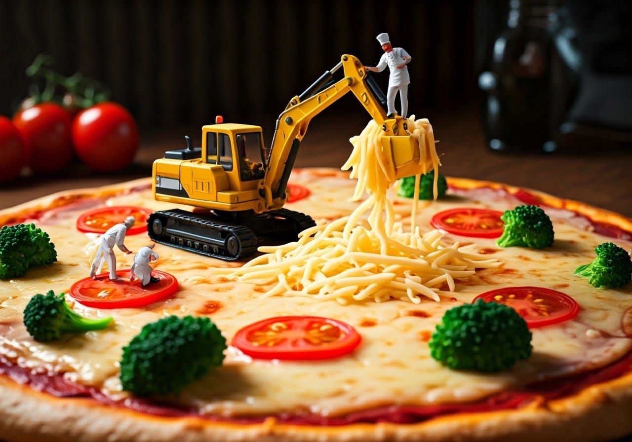 Miniature Chefs Constructing Giant Pizza in Hyperreal Style