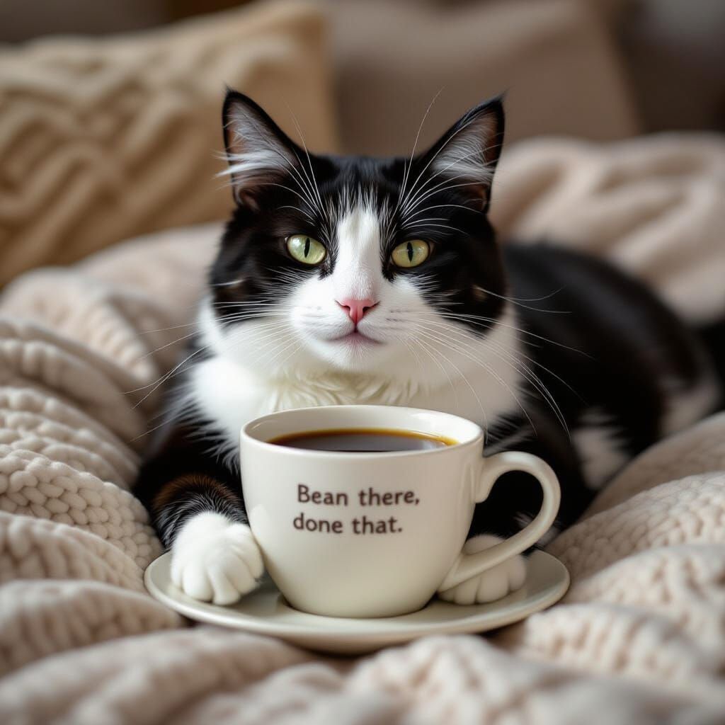 Cozy Black and White Cat with Coffee