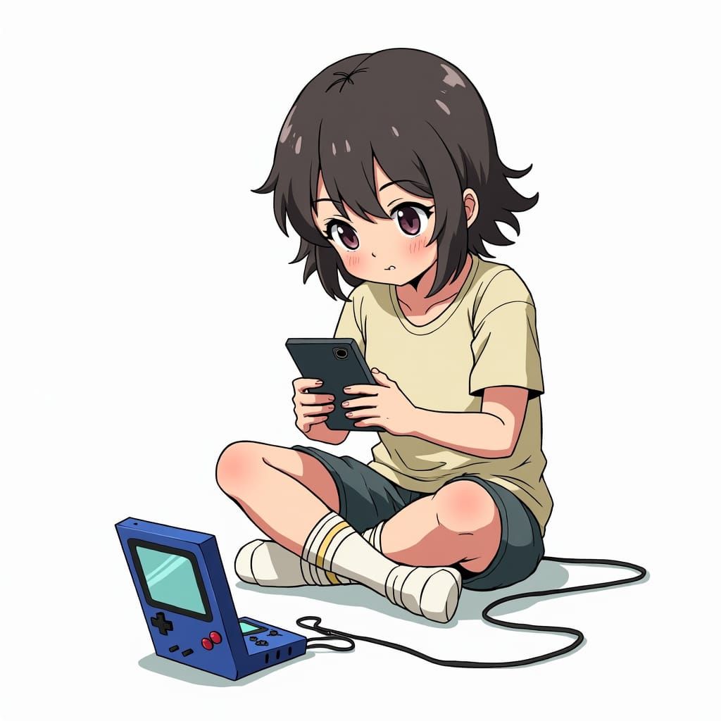 Girl Programming with Gameboy in Anime Key Visual Style