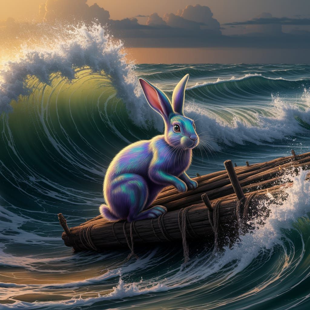 Iridescent Rabbit on a Raft in Stormy Seas