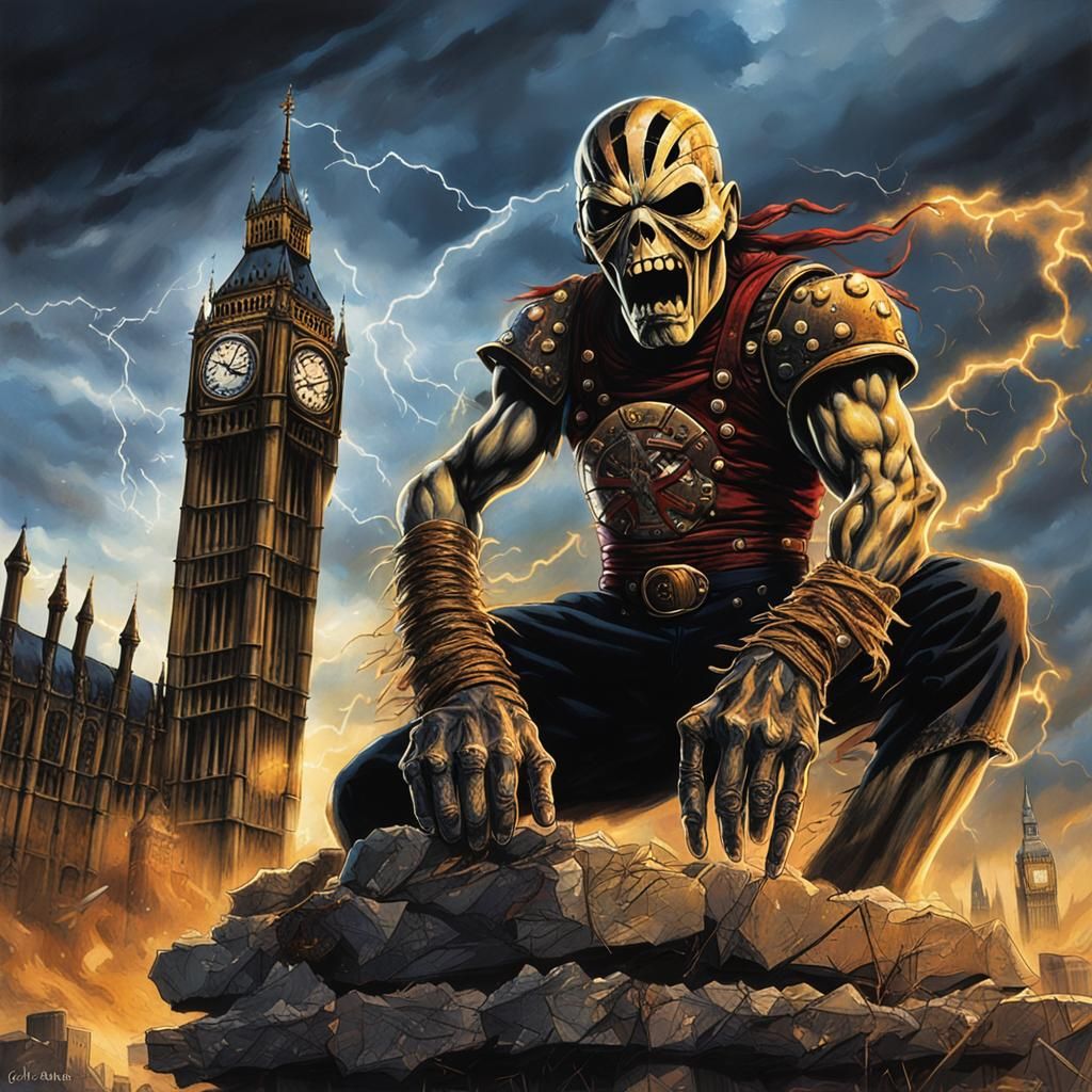 Eddie Iron Maiden in destroyed London lightning background sky