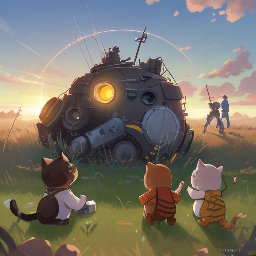 Kittens Play on Antenna in Golden Sunrise Light