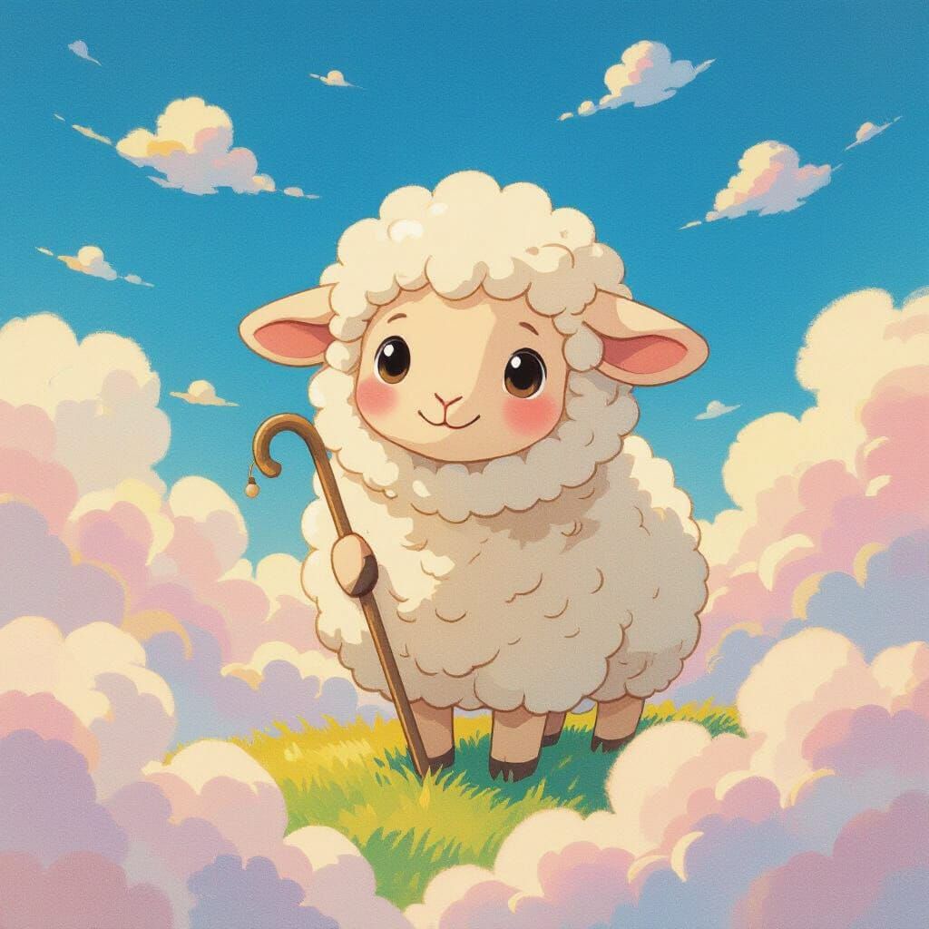 Sheep Herding Clouds in Ghibli-Inspired Pastel Sky