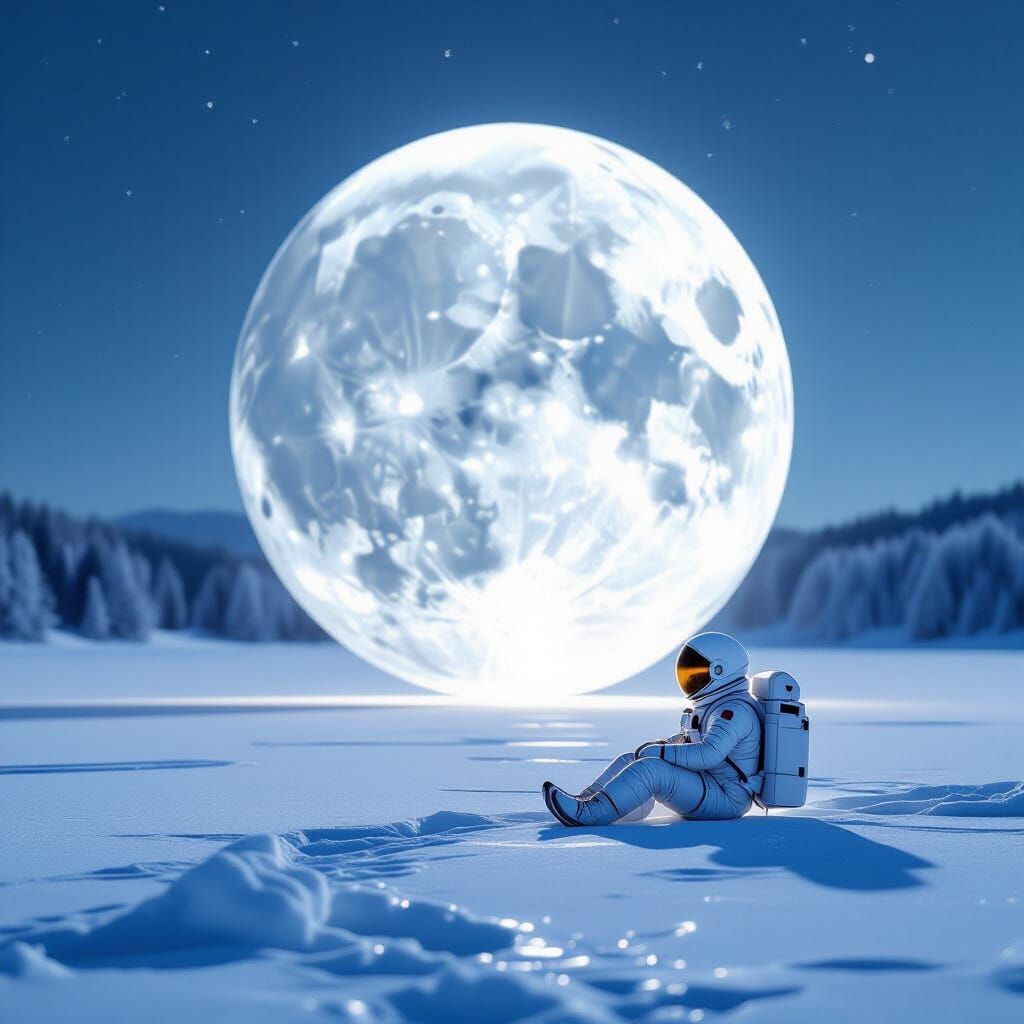 Astronaut Contemplates Carved Moon on Frozen Lake