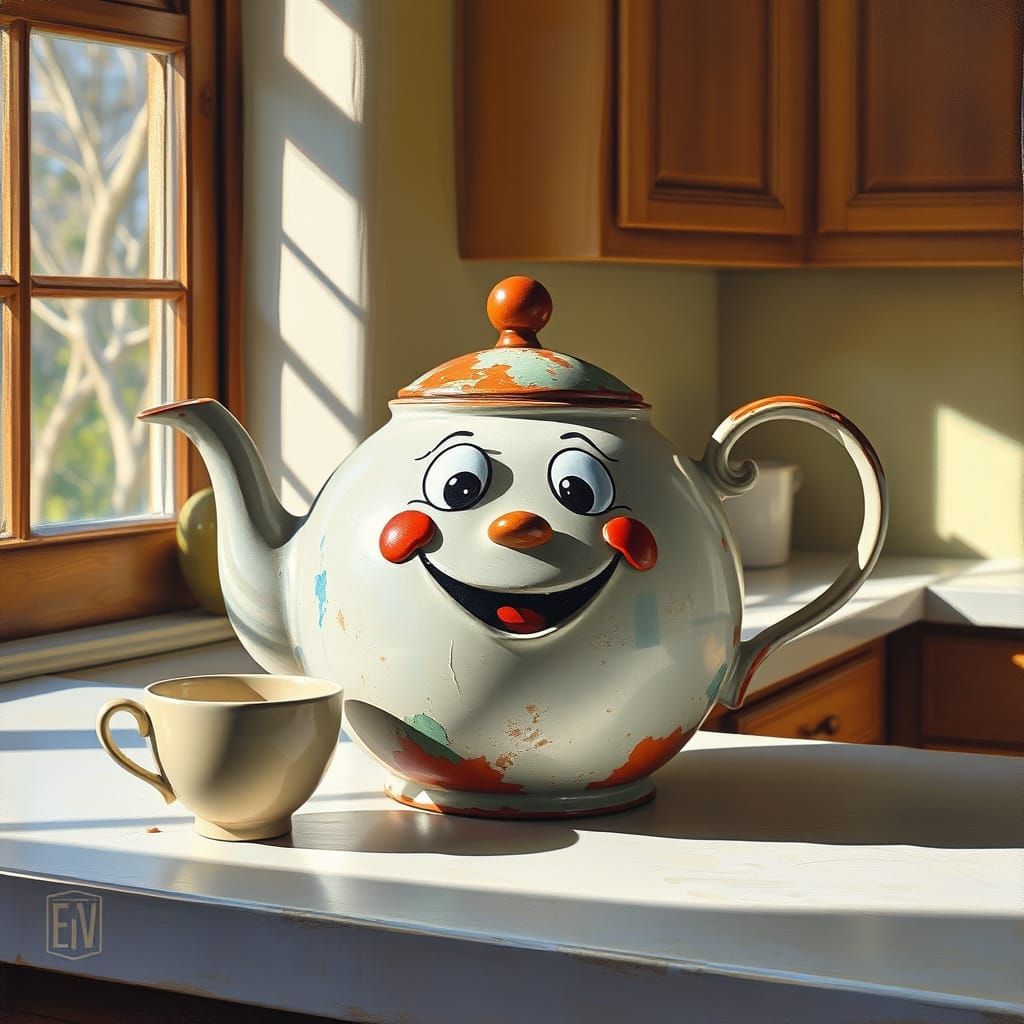 Vintage Smiling Teapot and Teacup in Oil Painting Style