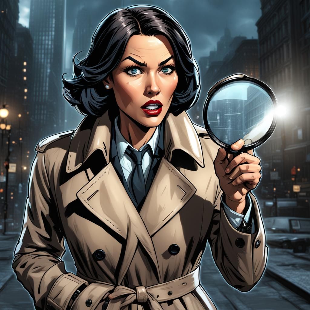 Excited Detective Inspecting Clue as Comic Art