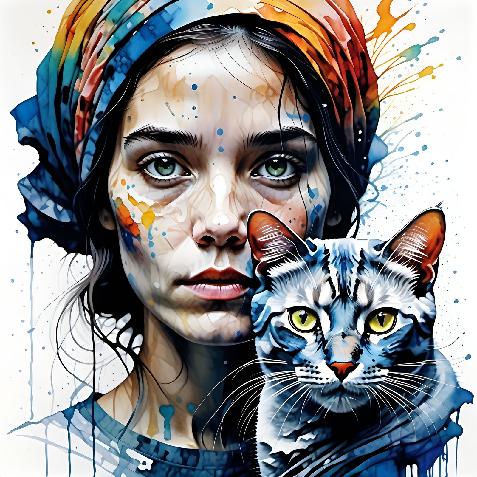 Lady with Cat in Mixed Media Style
