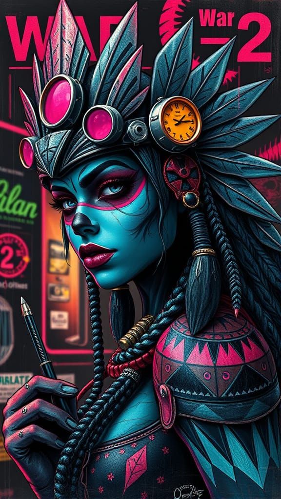 Steampunk Lady Godzilla in Aztec Armor on a Neon Noir Diner ...