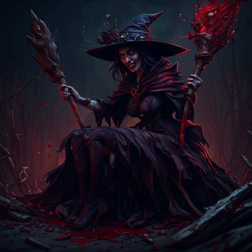 Bloody Witch on Broomstick: Fantasy Concept Art