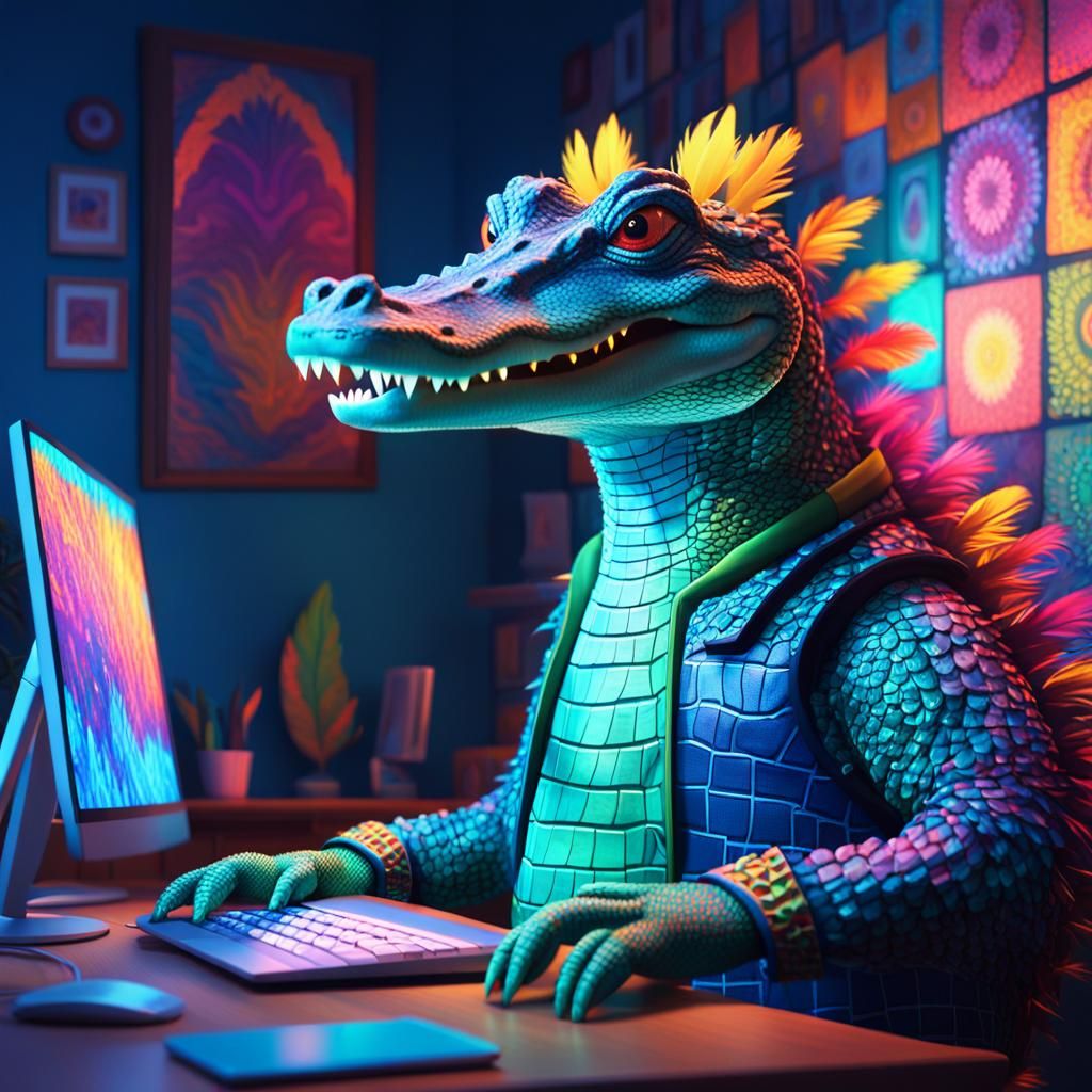 Whimsical Crocodile Enjoys Digital Delights in a Cozy Cyber....