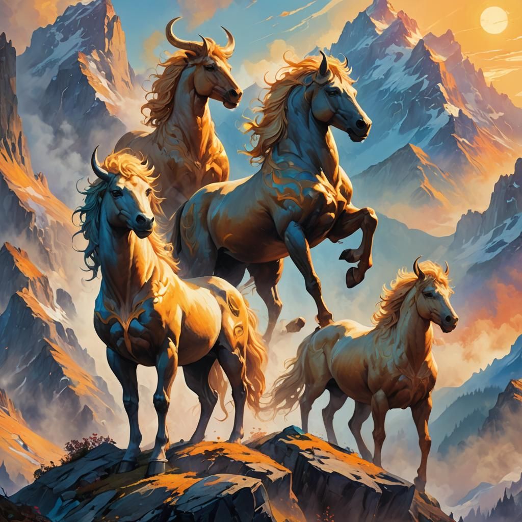 Centaurs Silhouetted in High-Fantasy Oil Painting