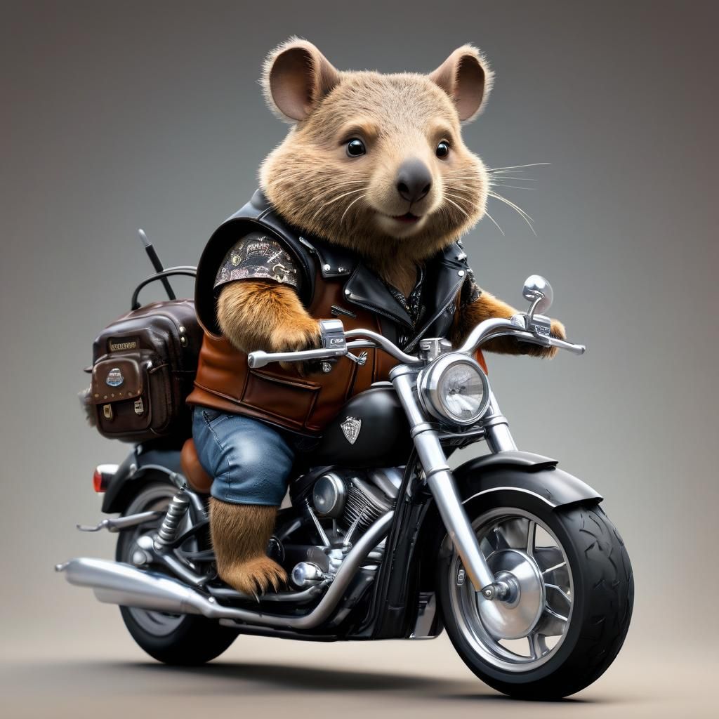 A wombat on a Harley Davidson motorcycle