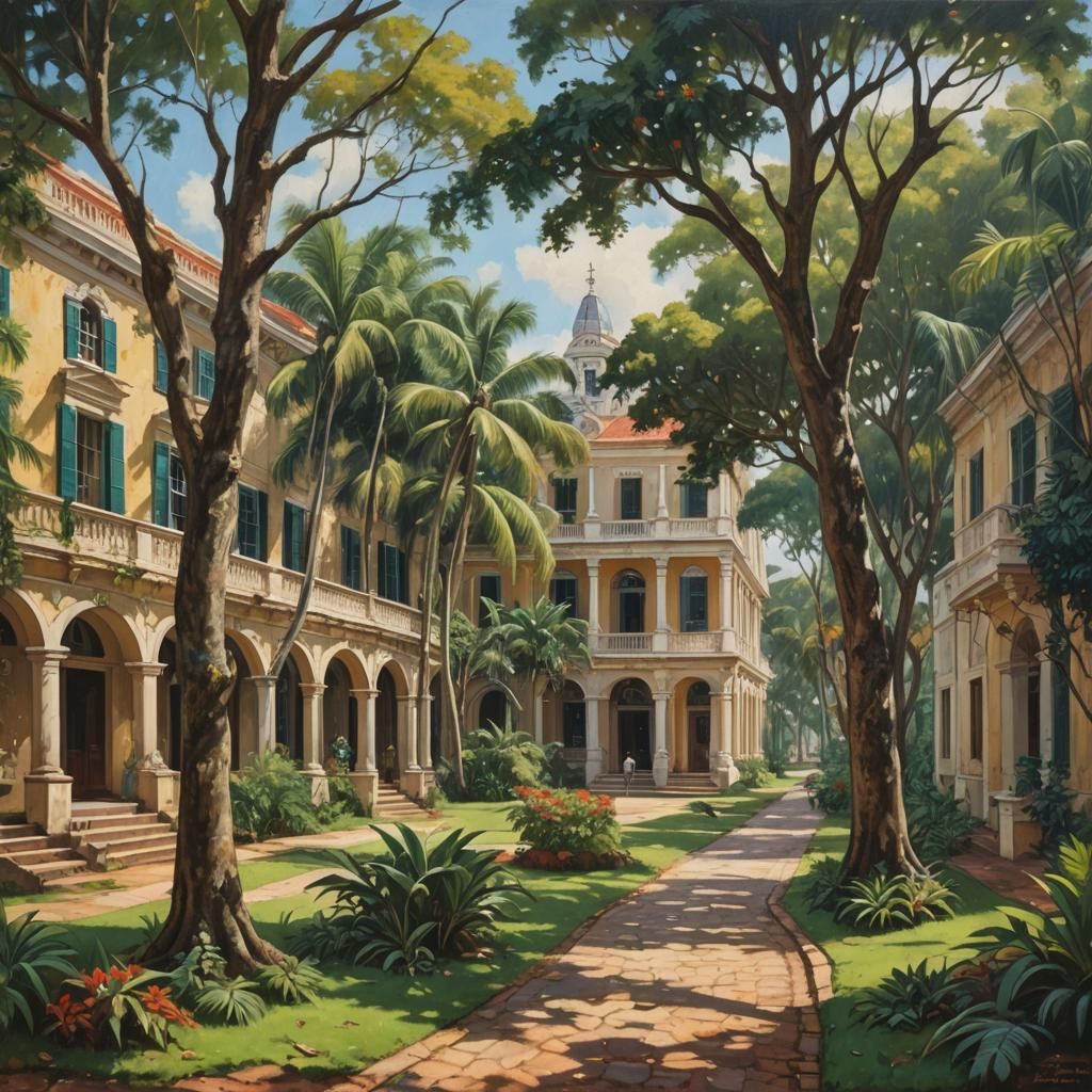 Caribbean Colonial University in Oil Painting Style