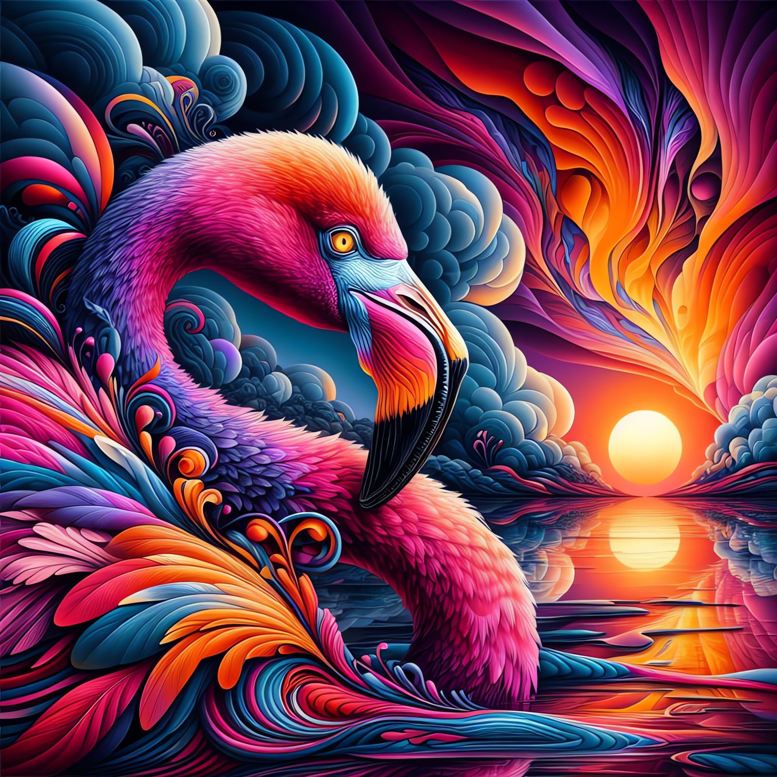 Detailed Flamingo in Abstract Sunset Landscape