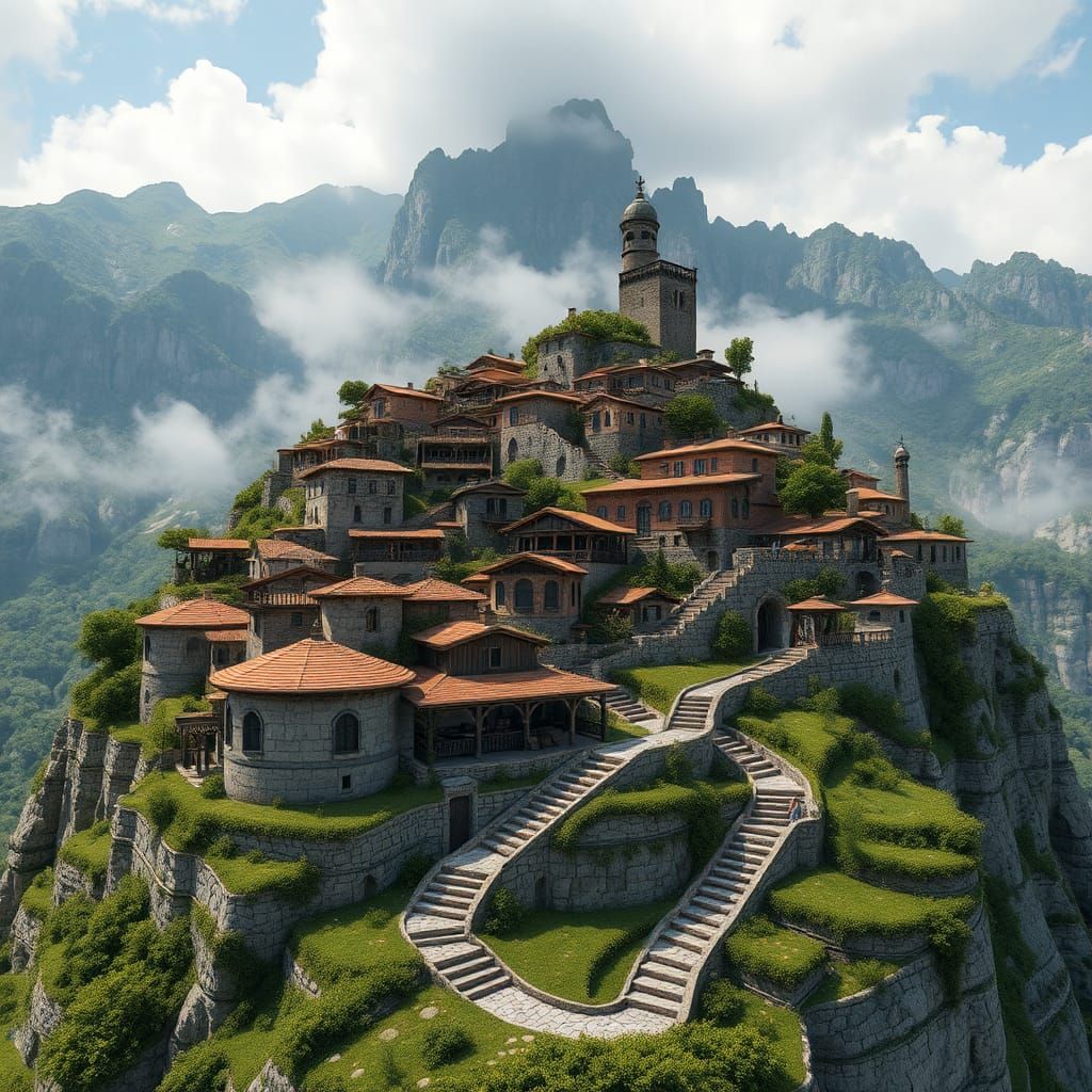 Mountain Village Cascade: 3D Rendered Scene