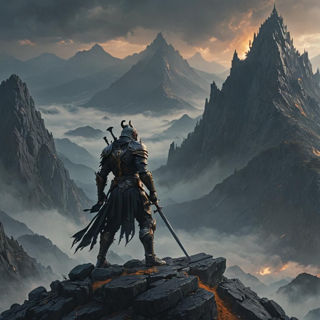 Armored Warrior on Misty Peak, Dark Fantasy Art