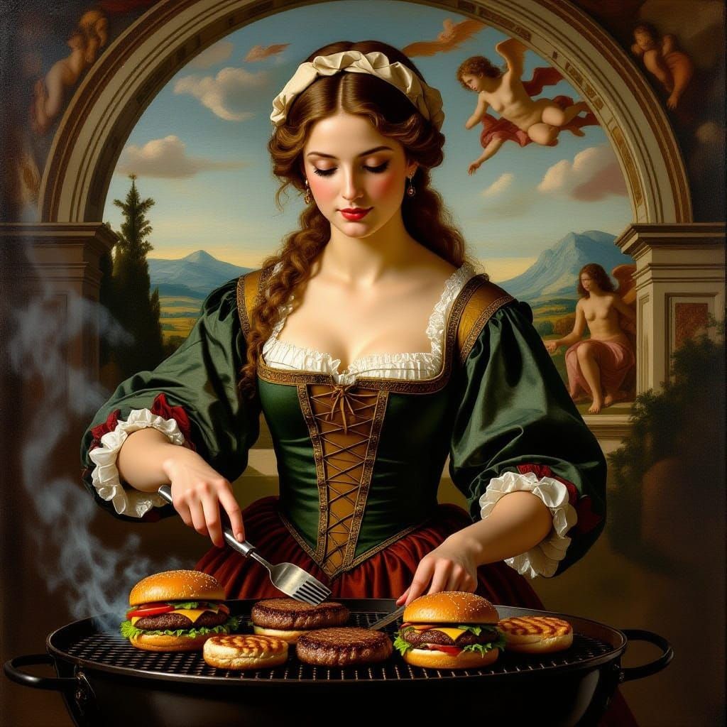 Renaissance Woman Grilling Burgers in Michelangelo Style