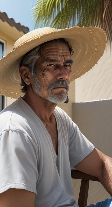 Detailed Close-Up: Man with Straw Hat at Stucco Home